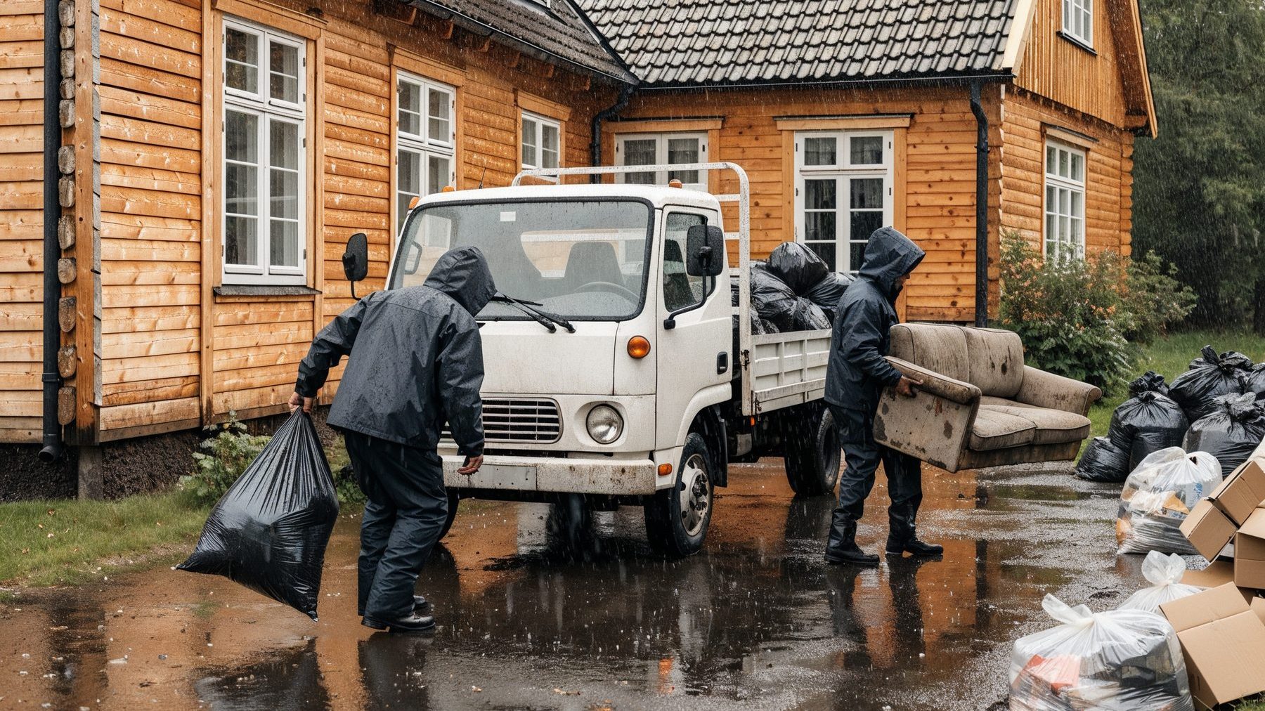 Två hantverkare bär soffa och byggsäckar till flakbil vid bortforsling i Borås