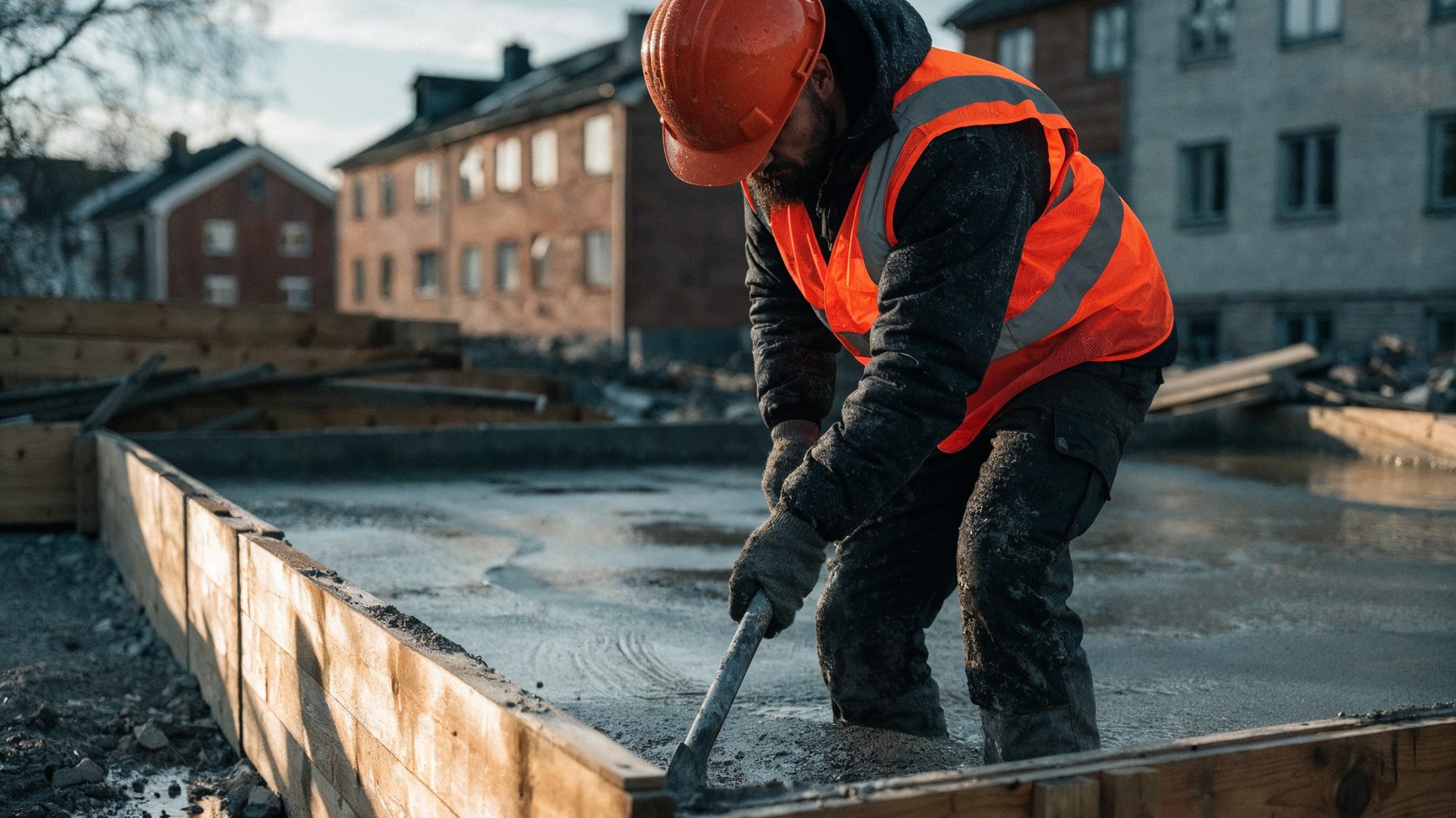 Byggnadsarbetare gjuter en betongplatta med formsättning i furu på en byggarbetsplats i Borås