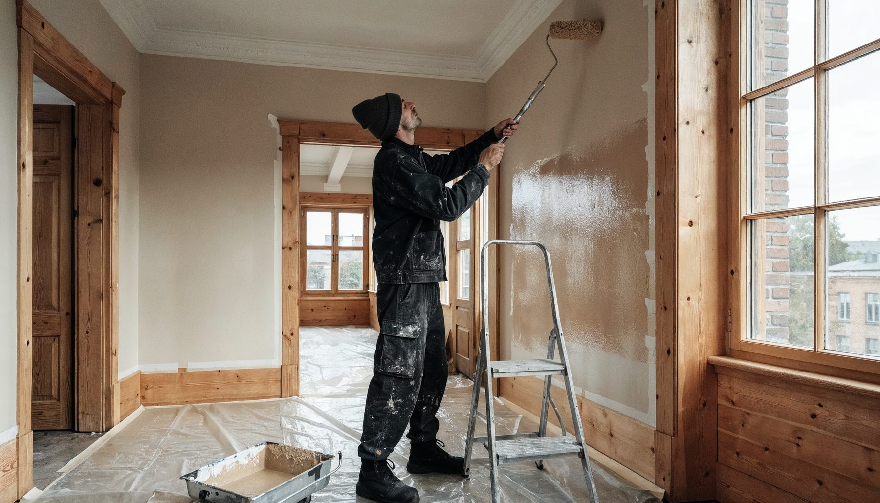Målare rullar beige färg på vägg vid måleriarbete i lägenhet i Borås