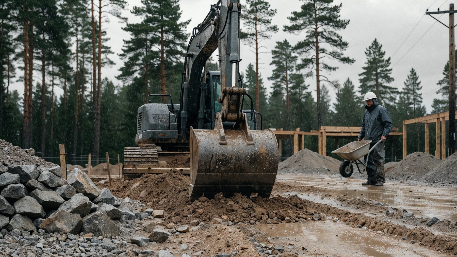 Grävmaskin utför markarbete och schaktning på en byggarbetsplats i Borås