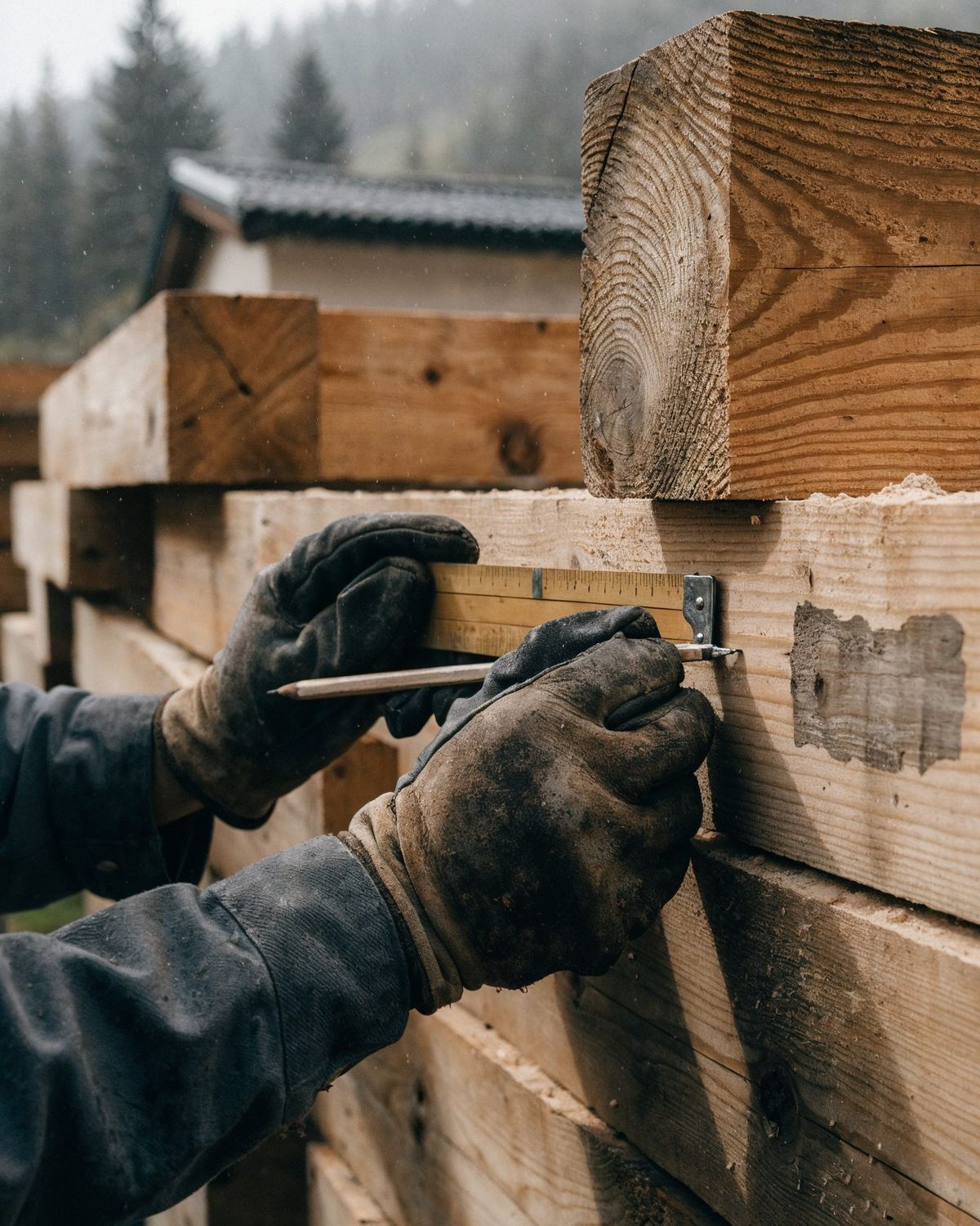 Hantverkarhänder som märker upp en furubalk med tumstock och snickarpenna