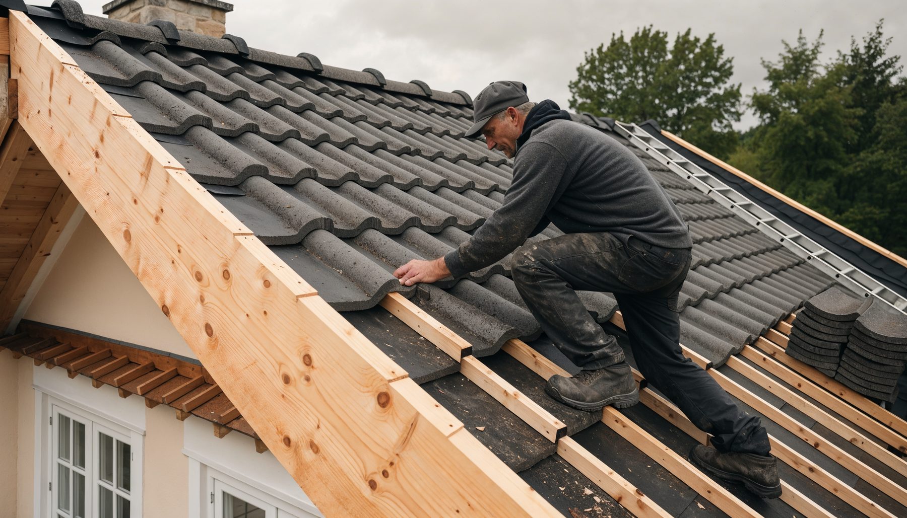 Takläggare lägger mörkgrå betongpannor på furuläkt på ett villatak i Borås